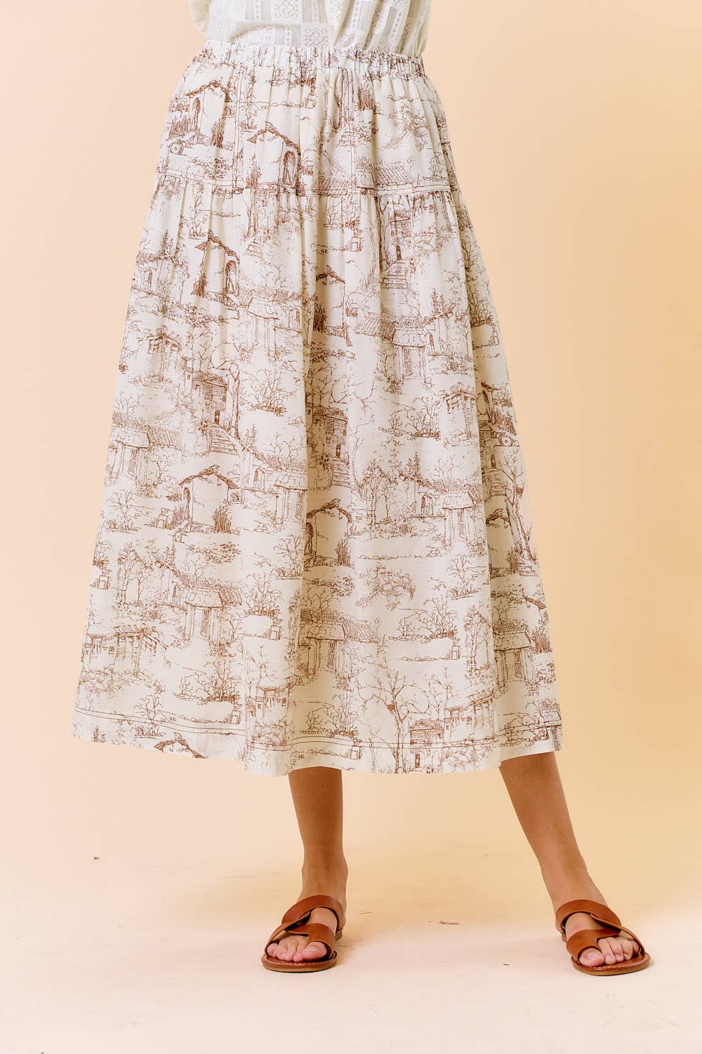 PRINTED COTTON BLEND ELASTIC WAIST MIDI SKIRT