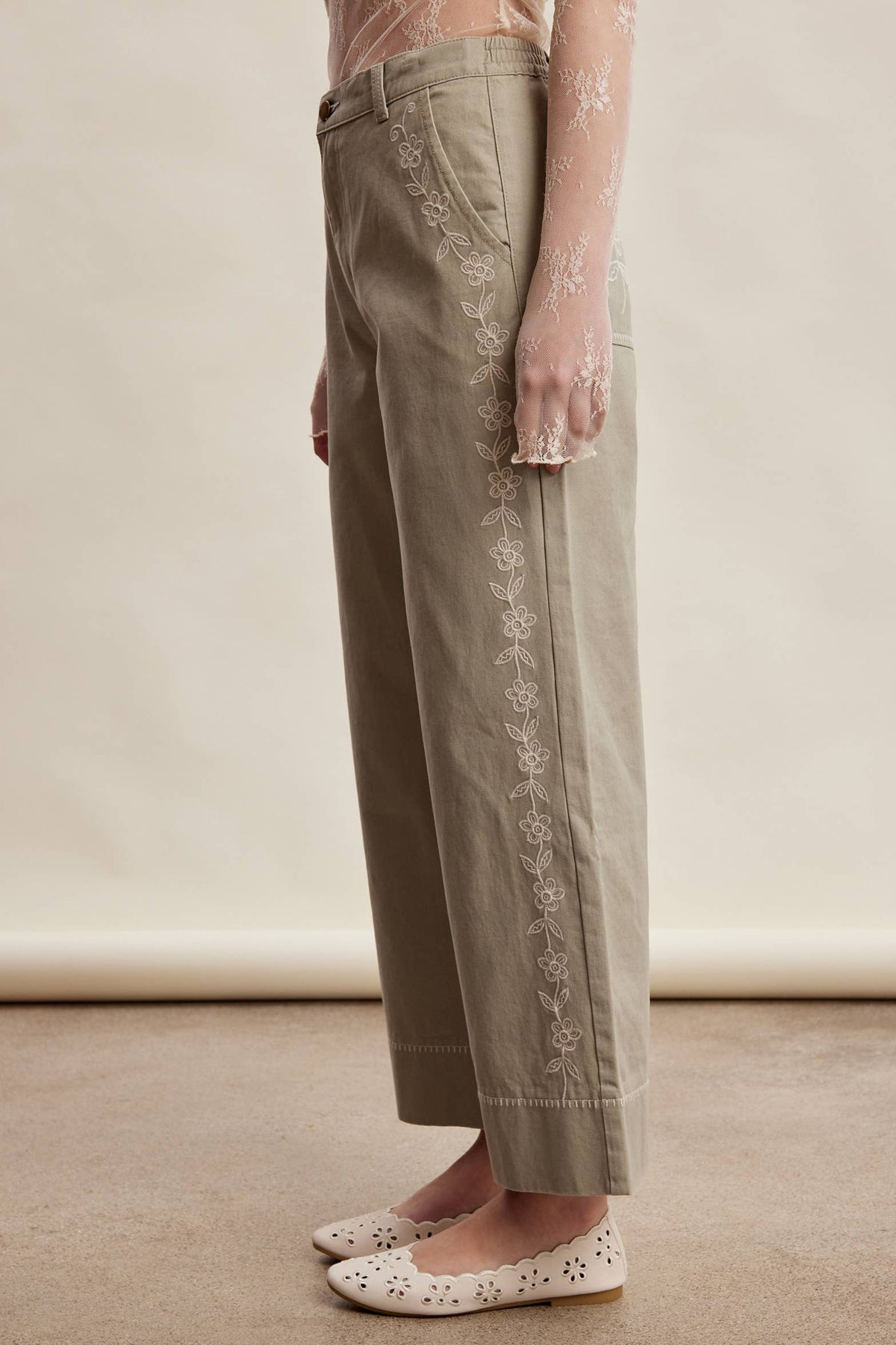 Floral Embroidered Cropped Wide-Leg Pants