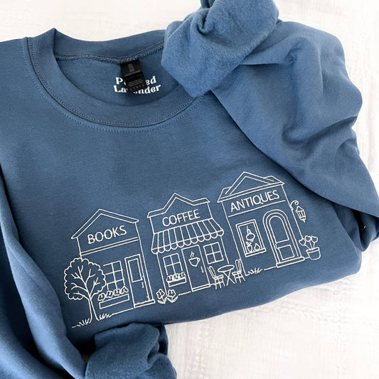 Embroidered Books Coffee Antiques Crewneck Sweatshirt