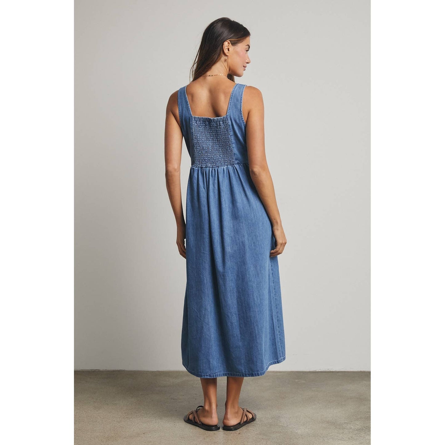 COTTON DENIM BUTTON-UP MIDI DRESS