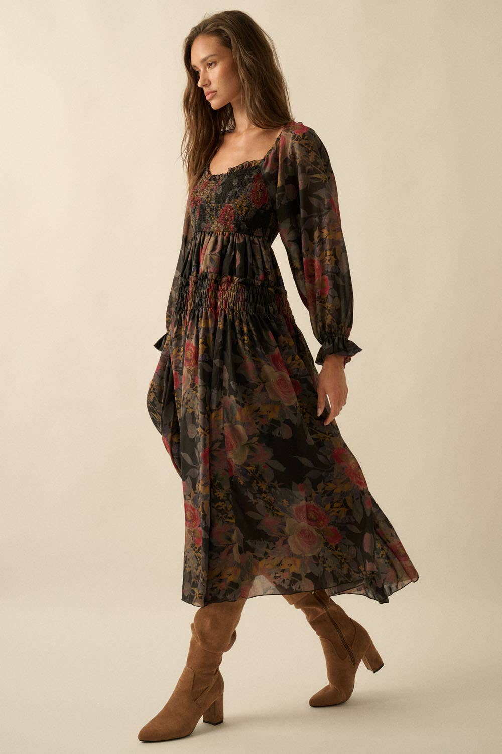 Floral-Print Smocked Bubble Sleeve Maxi Dress