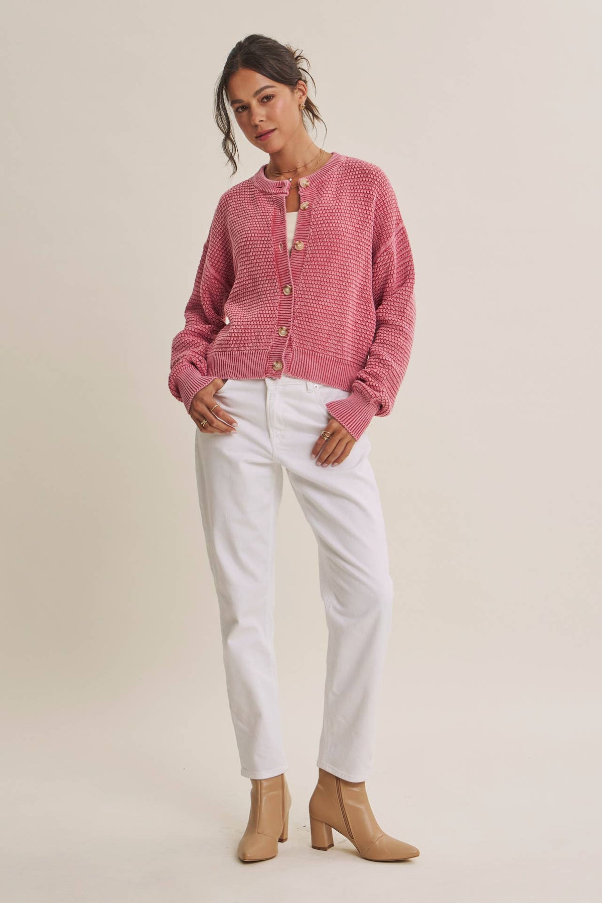 MINERAL-WASHED CABLE KNIT COTTON CARDIGAN