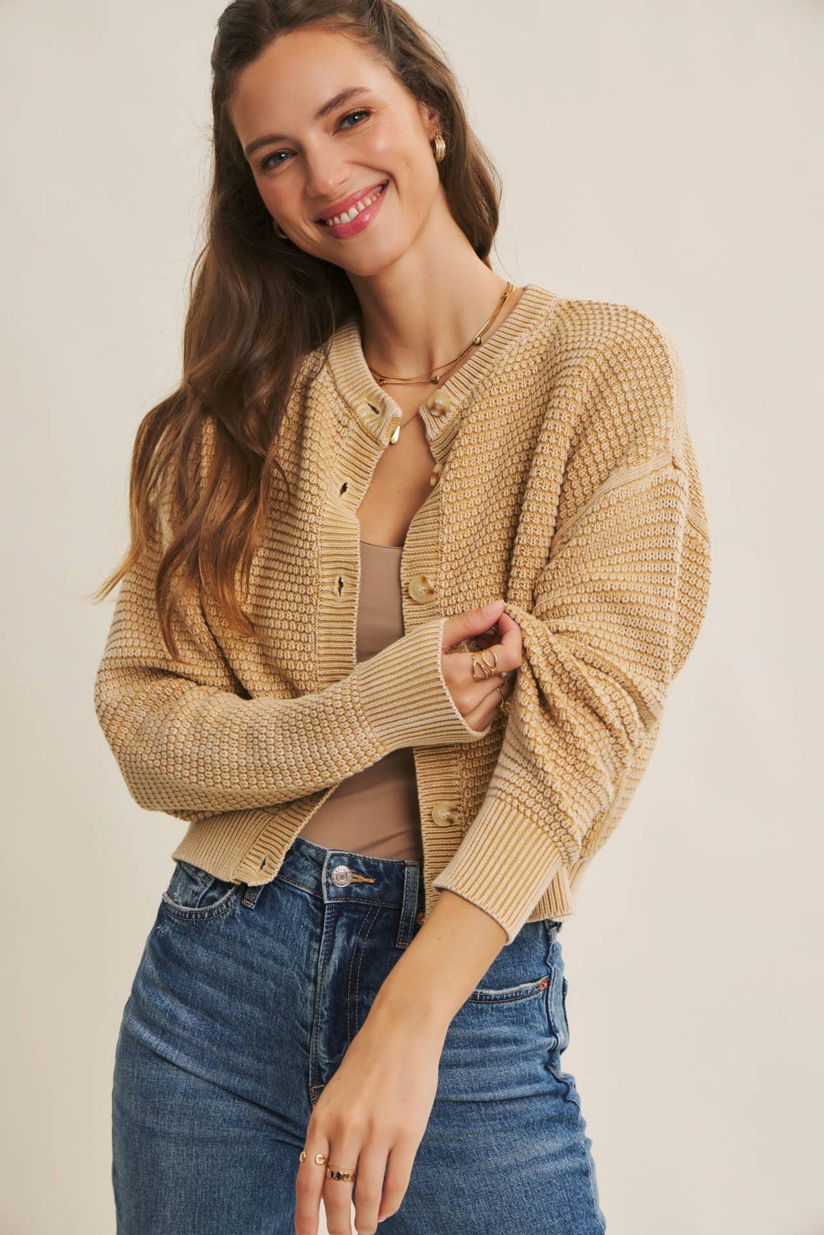MINERAL-WASHED CABLE KNIT COTTON CARDIGAN