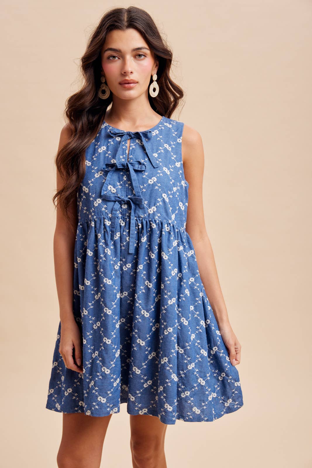 CHAMBRAY EMBROIDERED BOW MINI DRESS