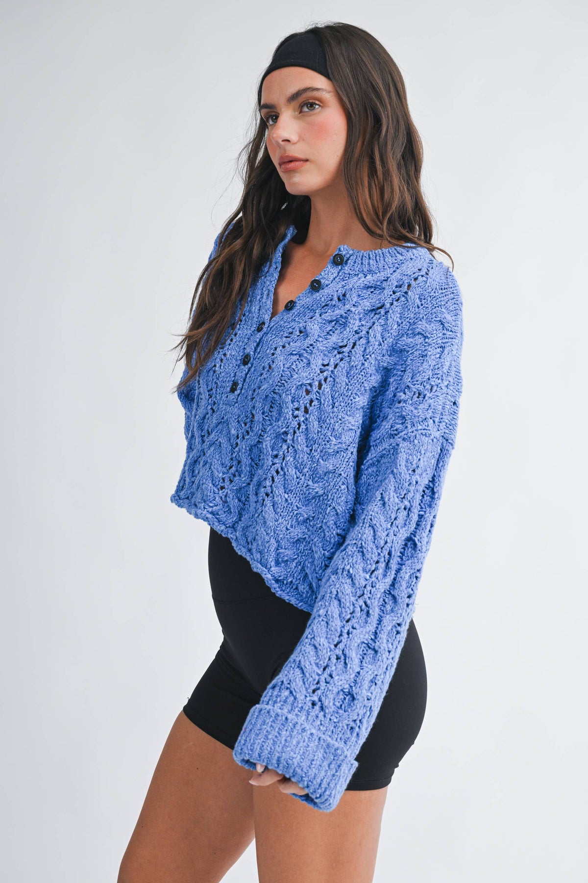 Textured Cropped Henley Knit Sweater