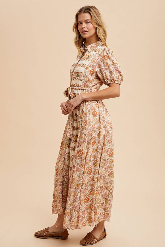PRAIRIE BORDER PRINT BUTTON DOWN MAXI DRESS: VINTAGE CREAM