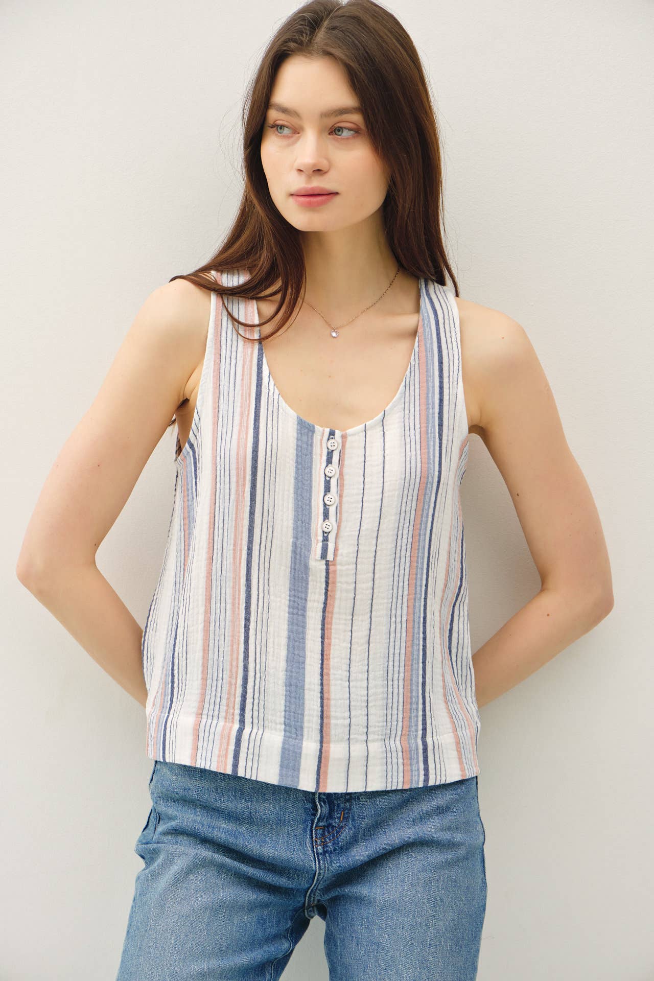 COTTON GAUZE HENLEY TANK