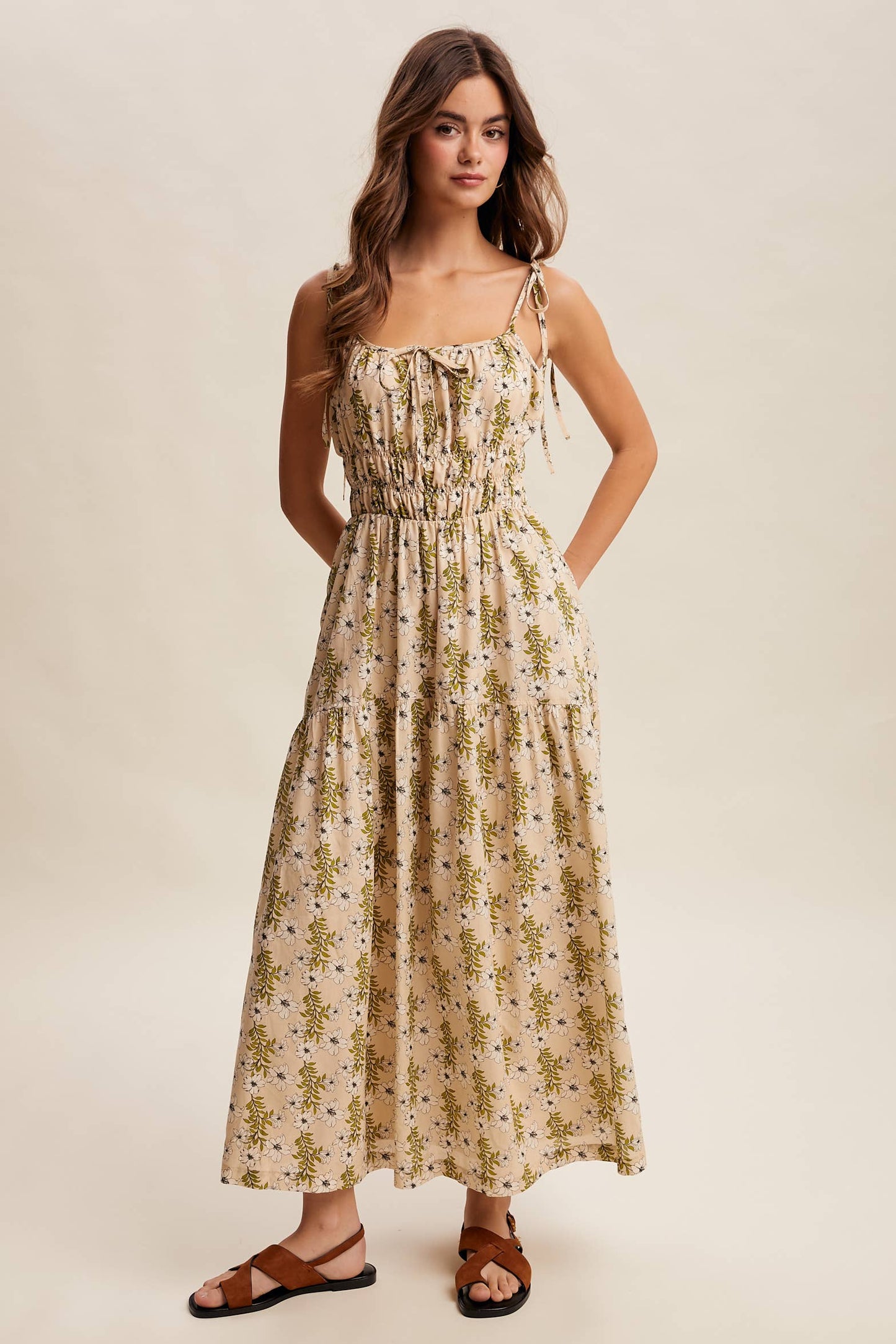 Floral Tie-Strap Smocked Maxi Dress