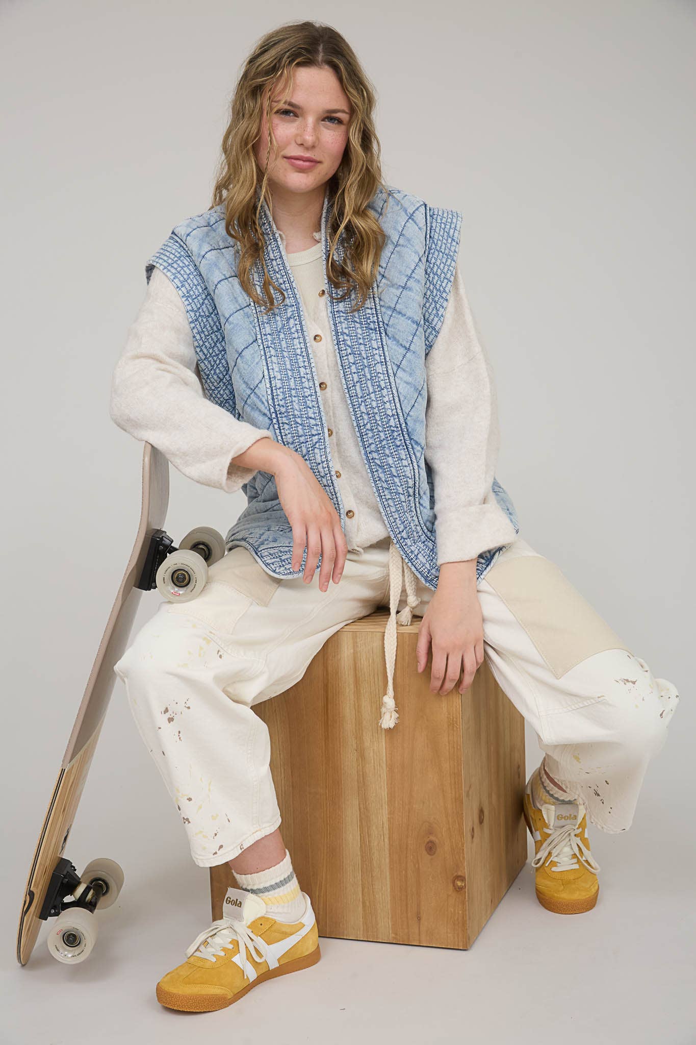 WASHED DENIM QUILTED SHAWL VEST