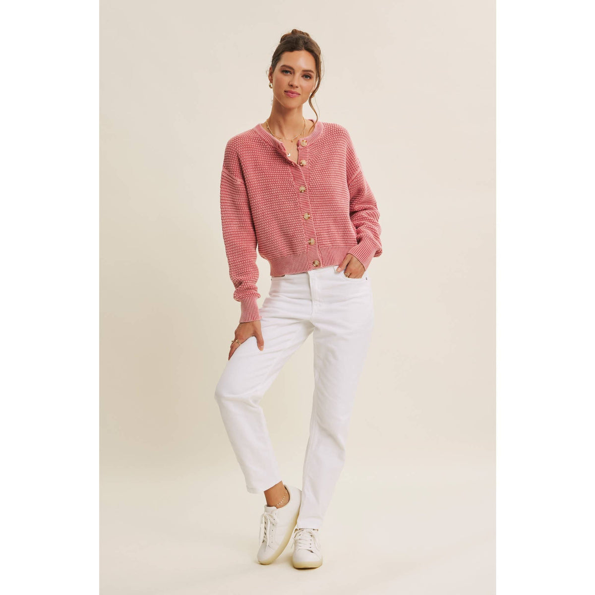 MINERAL-WASHED CABLE KNIT COTTON CARDIGAN