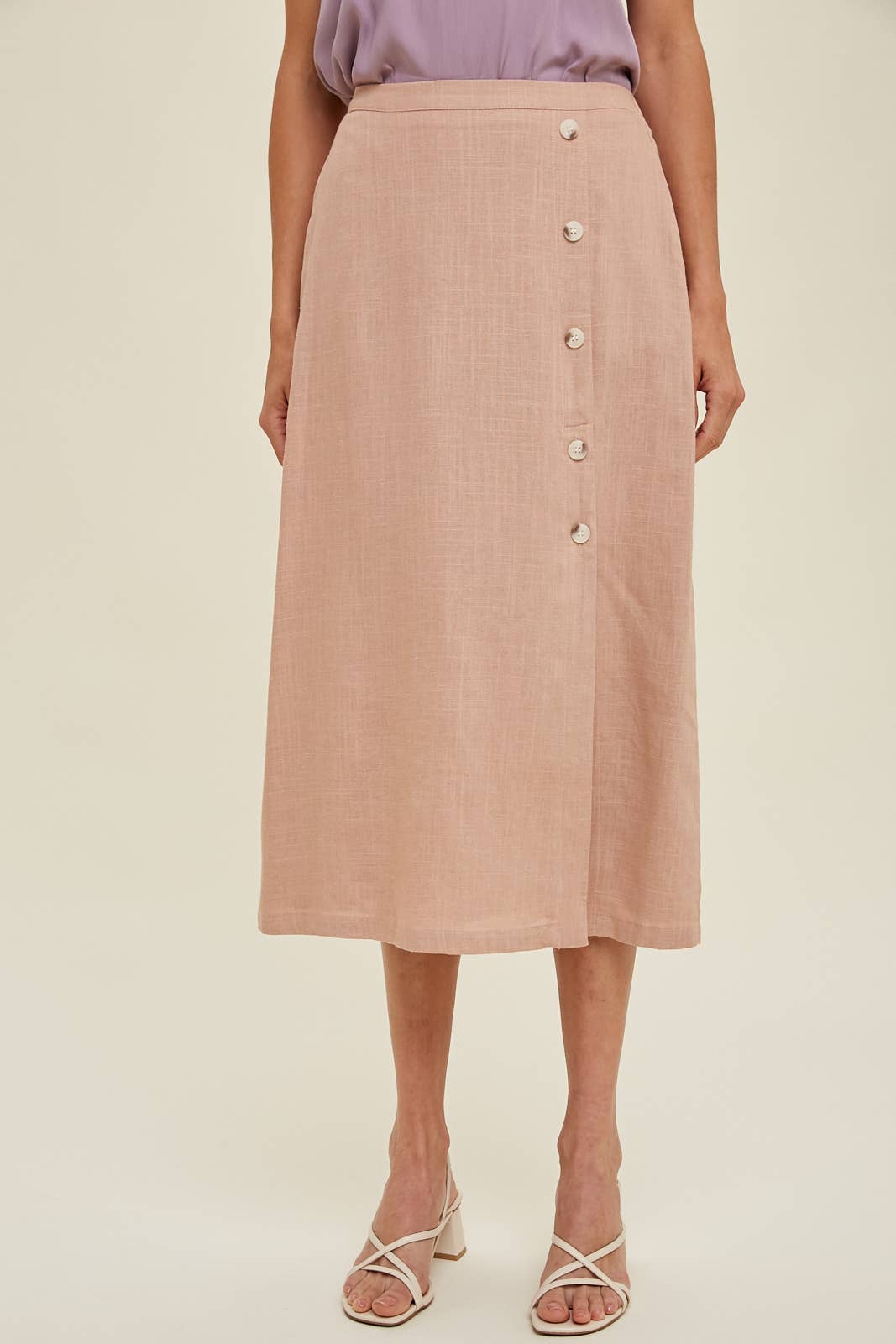 LINEN LOOK MIDI SKIRT WITH SIDE BUTTON DETAIL