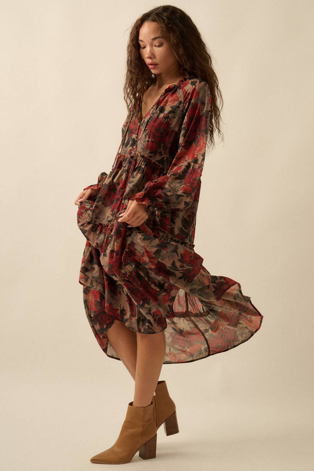 Floral-Print Tiered Ruffle Long-Sleeve Midi Dress FINAL SALE