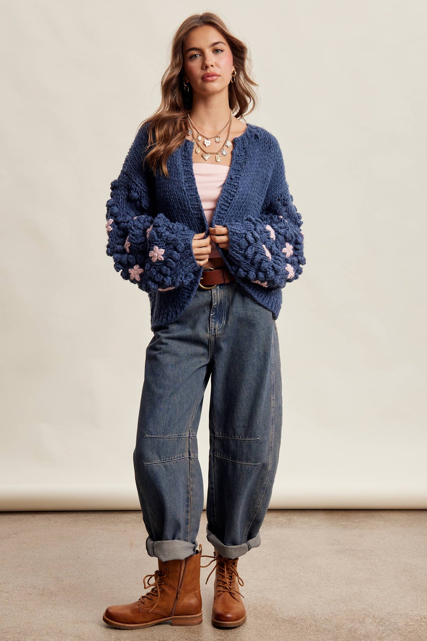 Hand Knit Floral Bobble Sleeve Cardigan