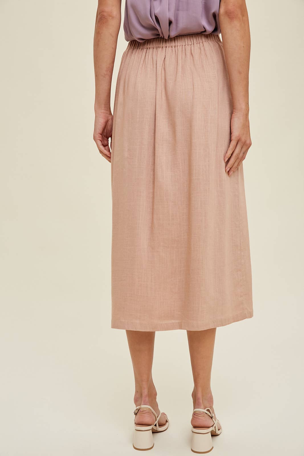 LINEN LOOK MIDI SKIRT WITH SIDE BUTTON DETAIL