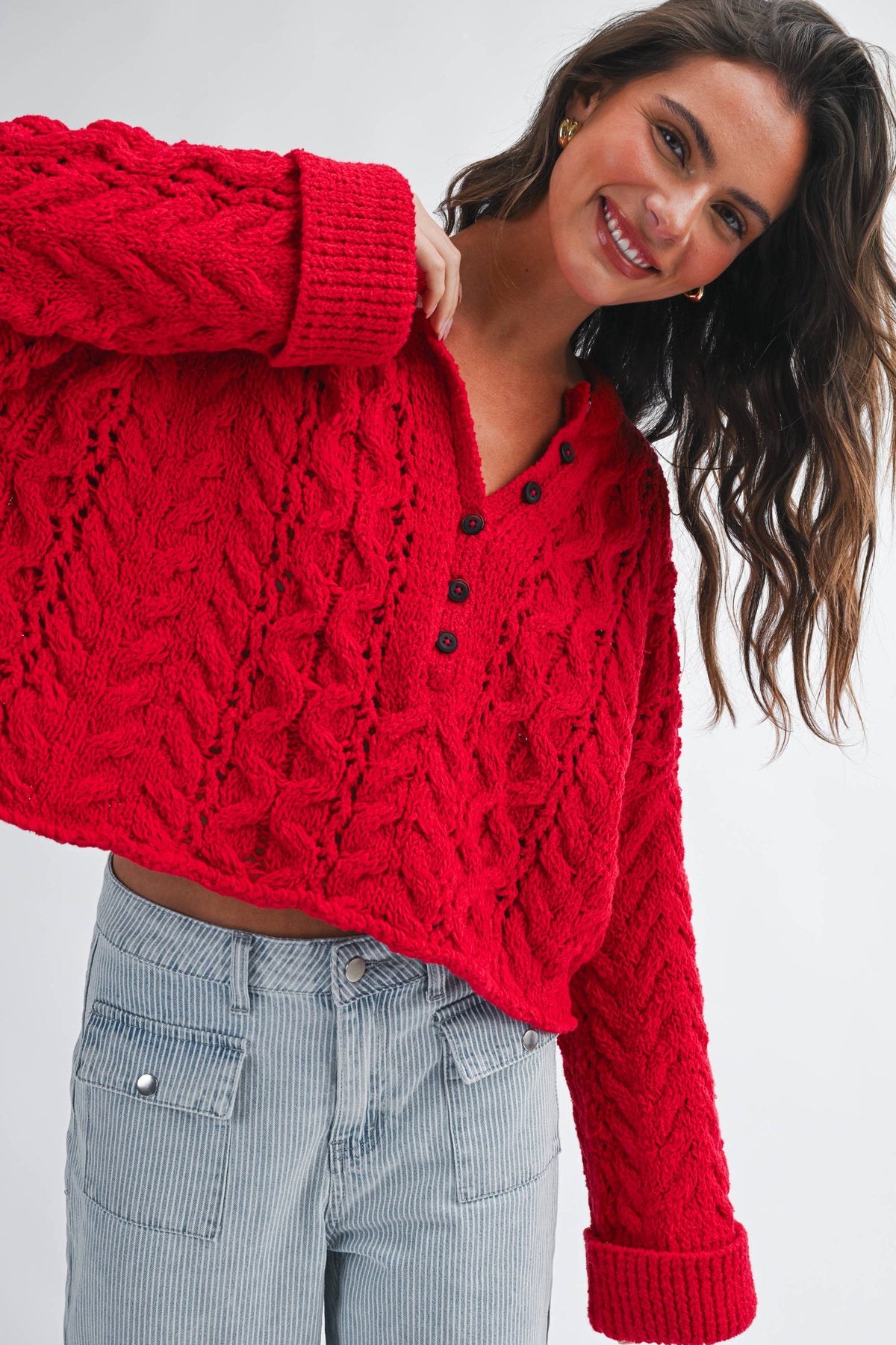 Textured Cropped Henley Knit Sweater