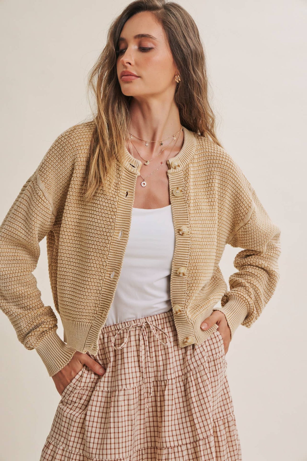 MINERAL-WASHED CABLE KNIT COTTON CARDIGAN