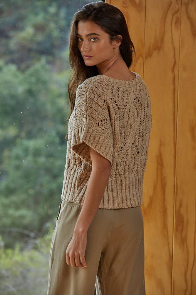 Knit Sweater Crochet Round Neck Short Sleeve Top: Olive