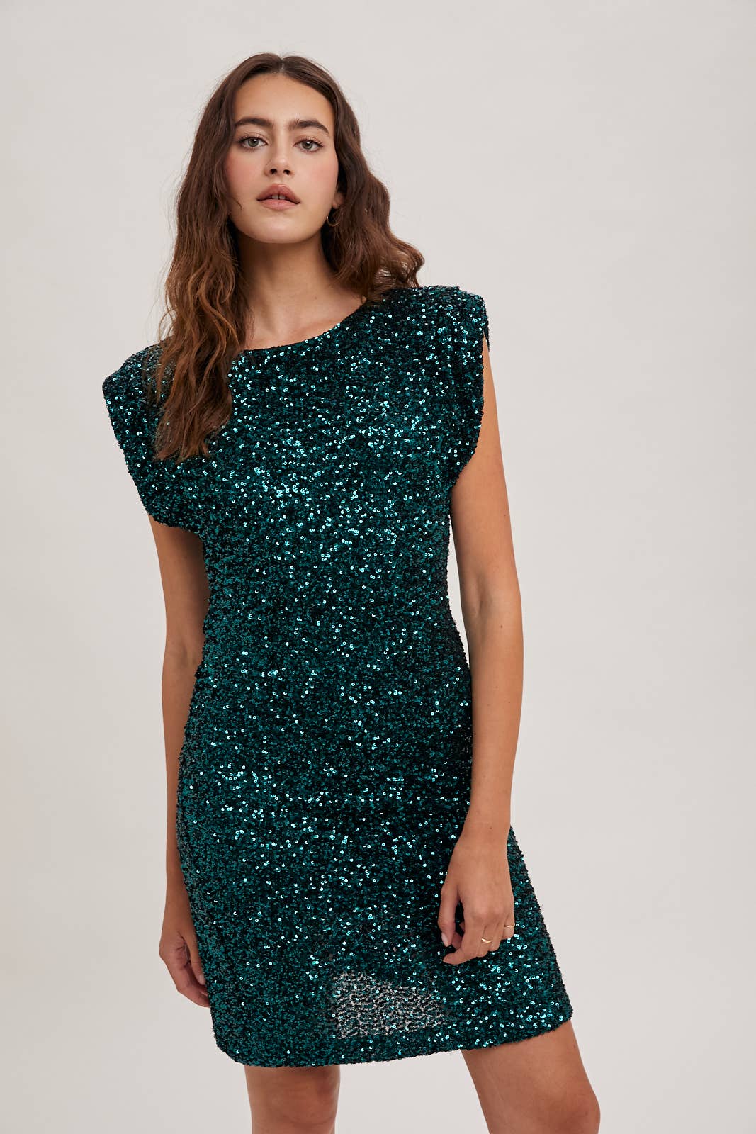 PADDED SHOULDER SEQUIN DRESS