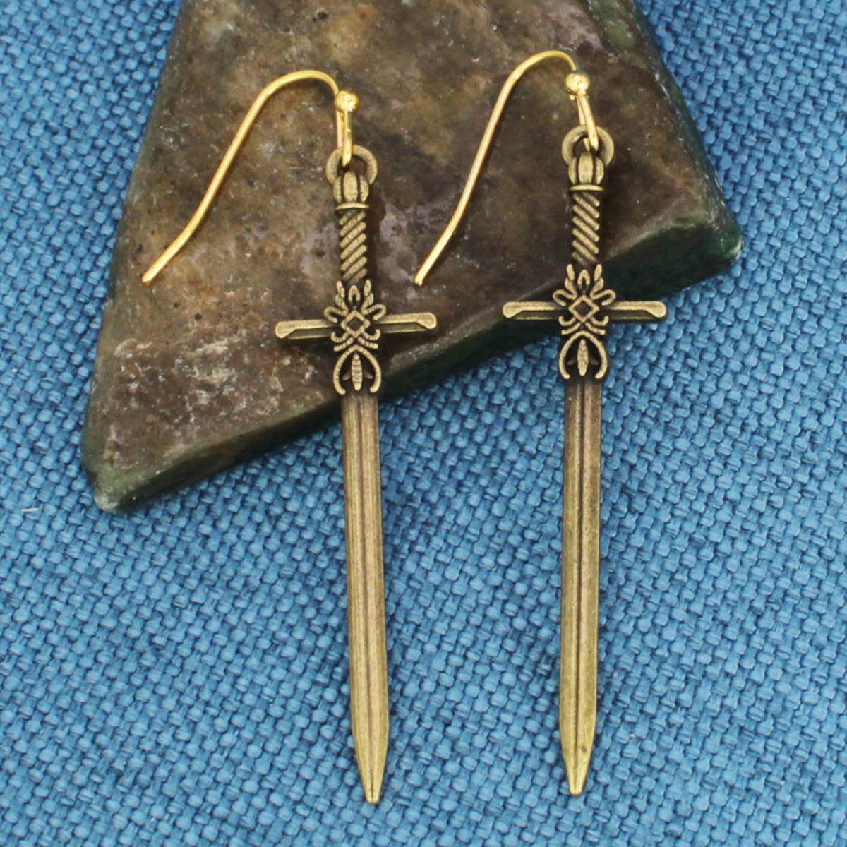 Antiqued Gold Sword Earrings
