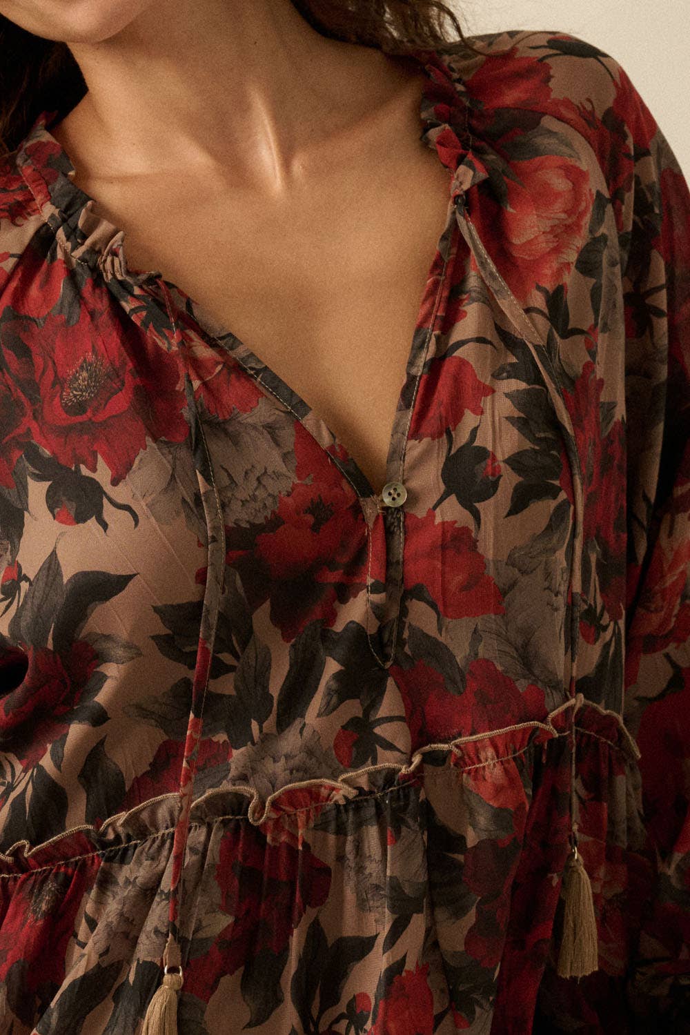 Floral-Print Tiered Ruffle Long-Sleeve Midi Dress FINAL SALE