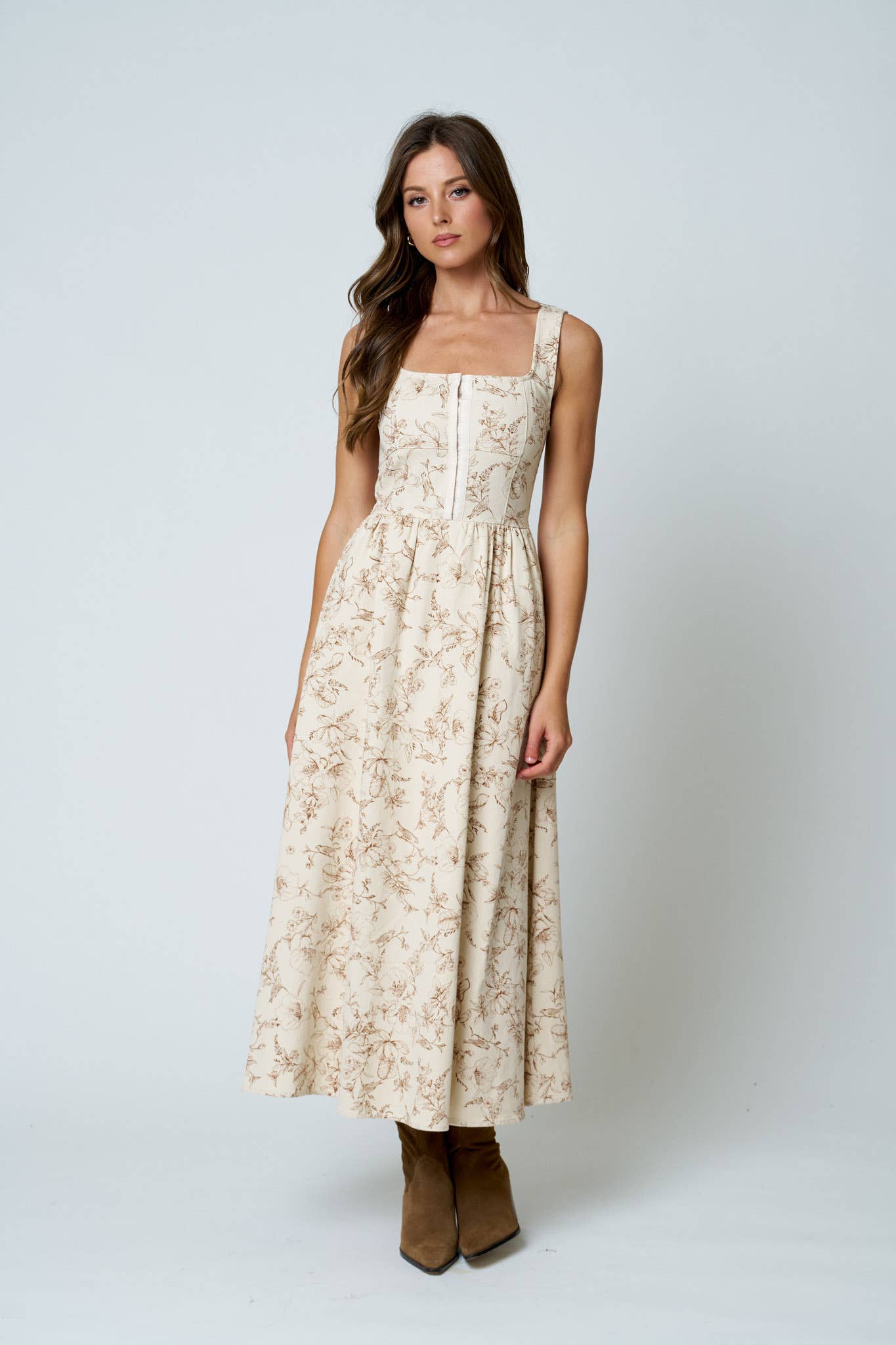 FLORAL TOILE SLEEVELESS FRONT HOOK MIDI DRESS