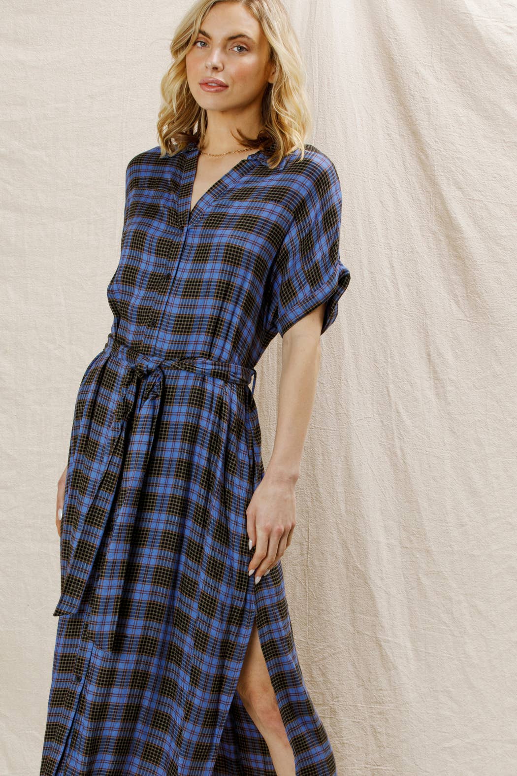 Plaid Button Down Belted Shirt Dress