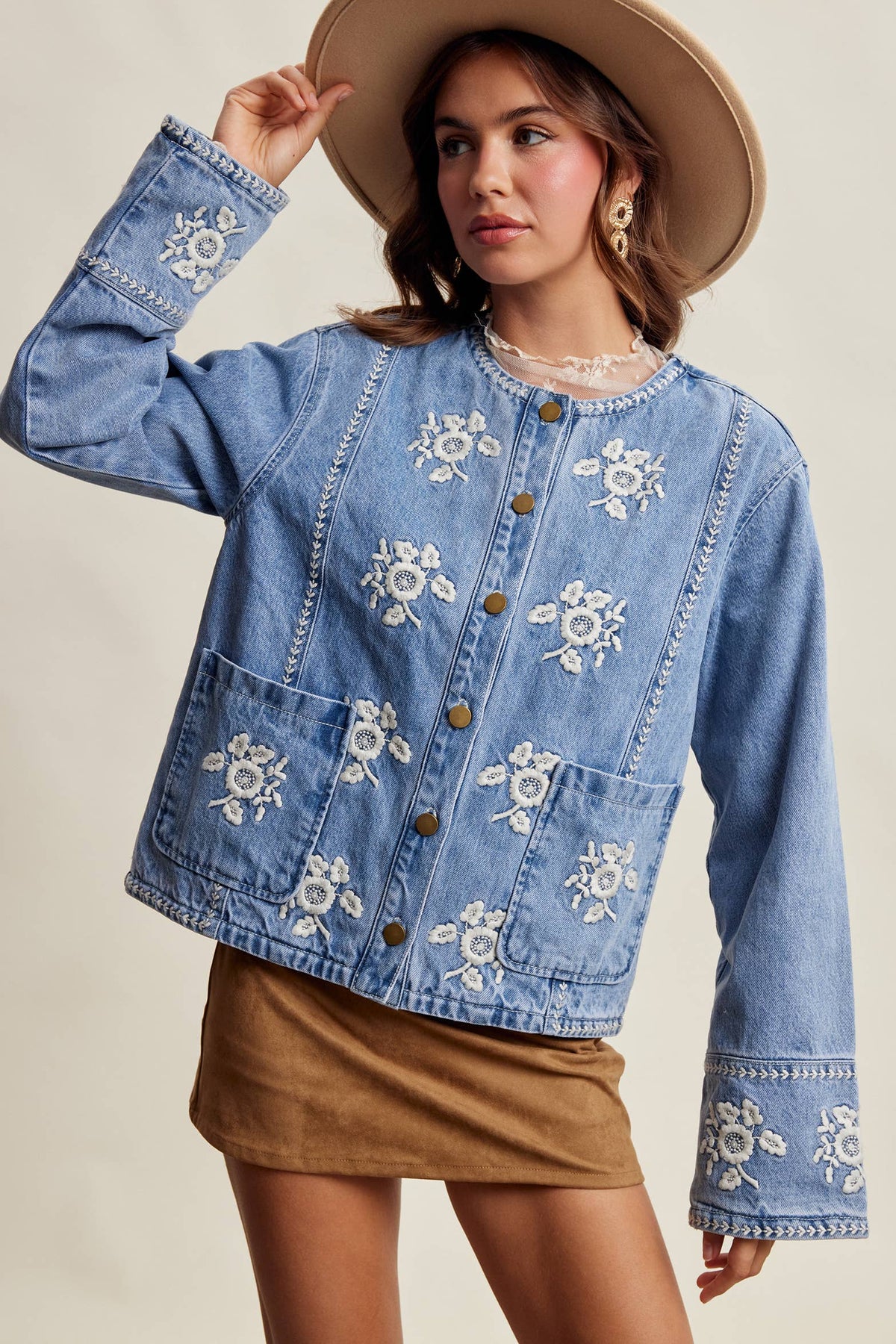 Embroidered Floral Lined Denim
