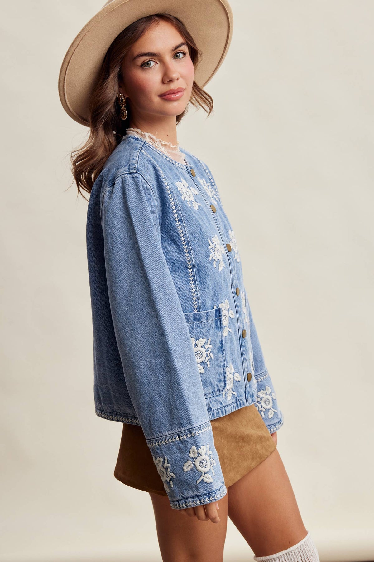 Embroidered Floral Lined Denim