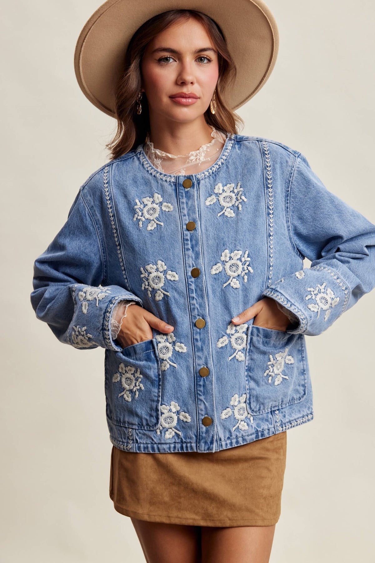Embroidered Floral Lined Denim