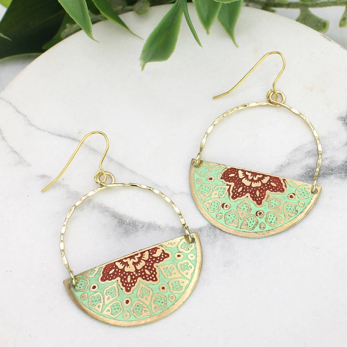 Moroccan Market Enamel Embossed Gold Half Circle Earrings
