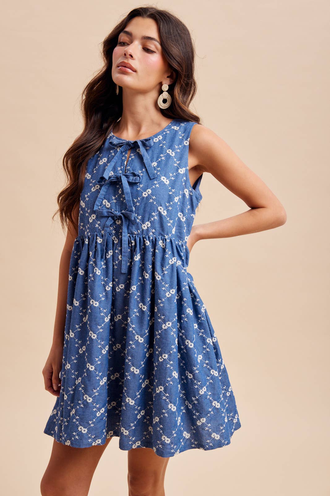 CHAMBRAY EMBROIDERED BOW MINI DRESS