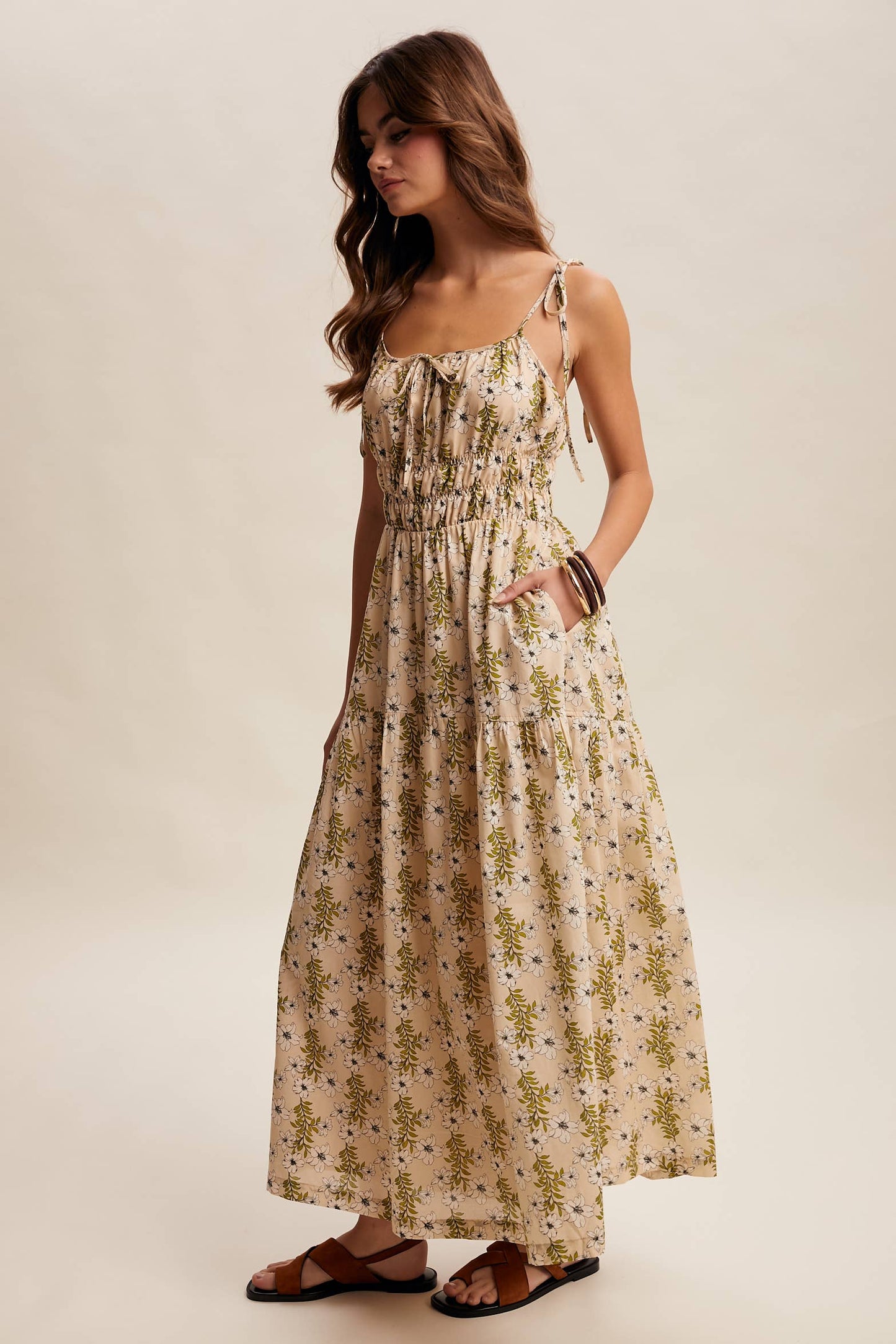 Floral Tie-Strap Smocked Maxi Dress