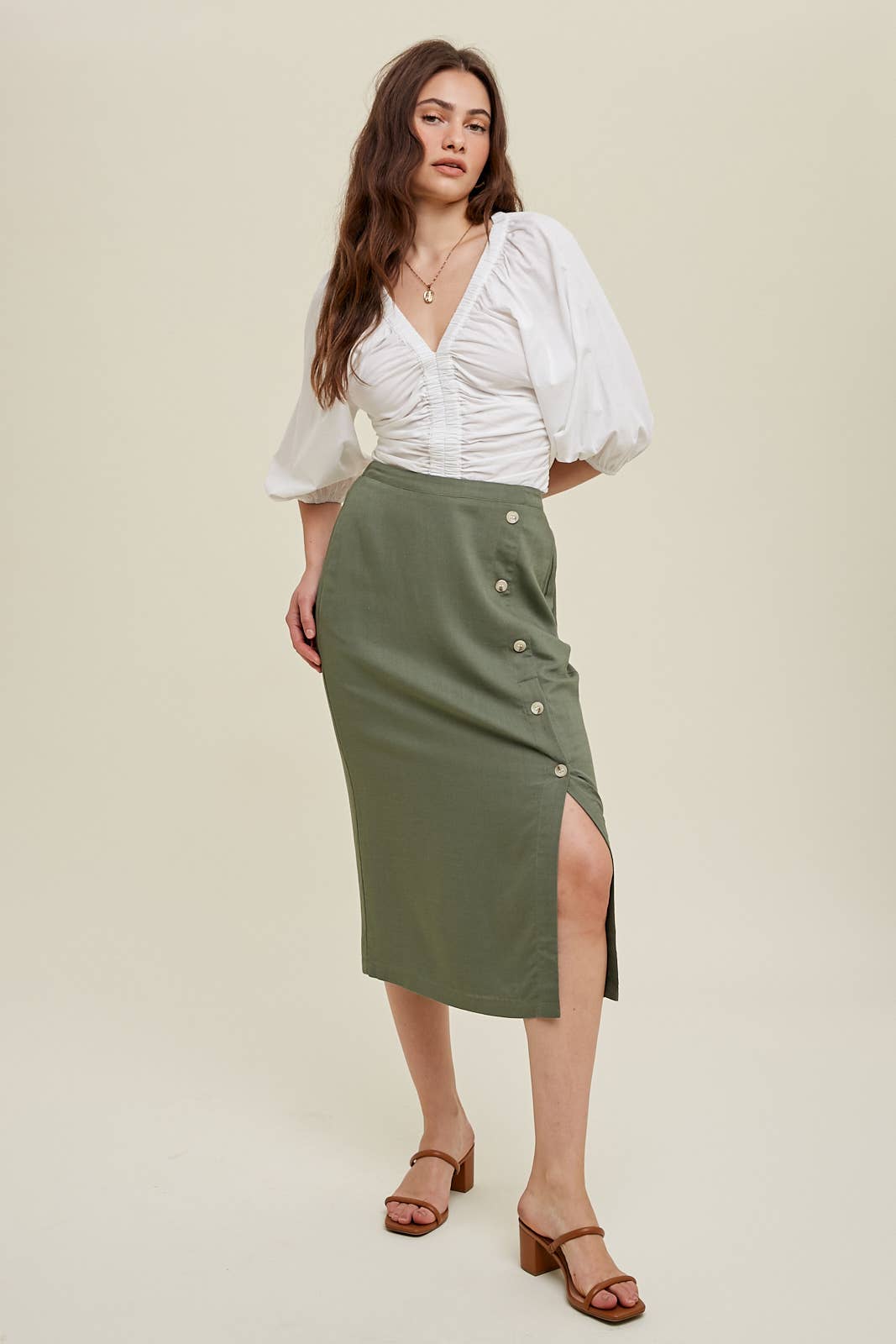LINEN LOOK MIDI SKIRT WITH SIDE BUTTON DETAIL