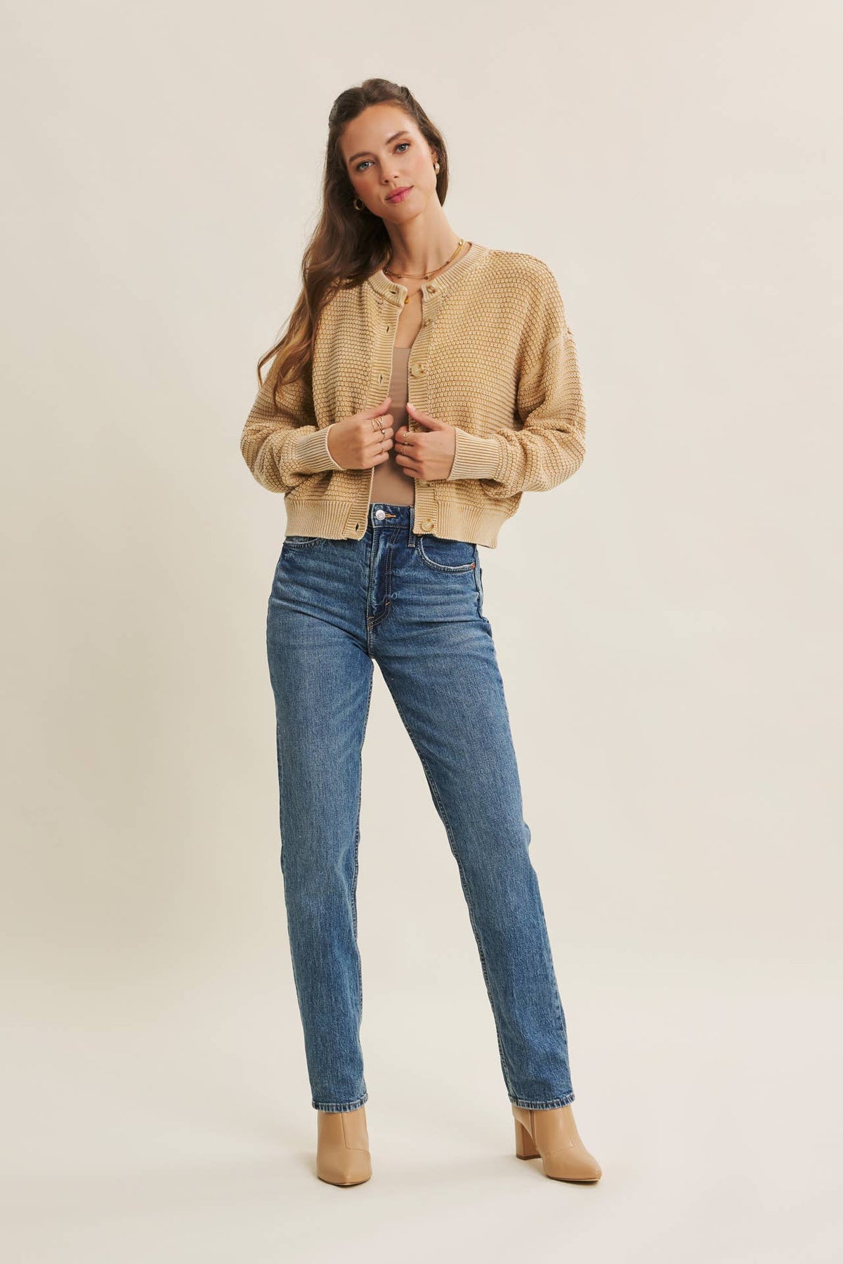 MINERAL-WASHED CABLE KNIT COTTON CARDIGAN