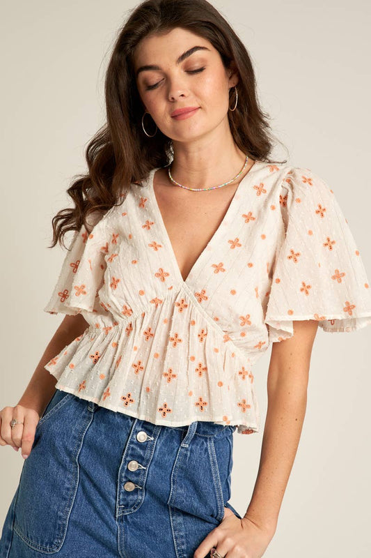 Flutter Sleeve V-Neck Top: White Coral