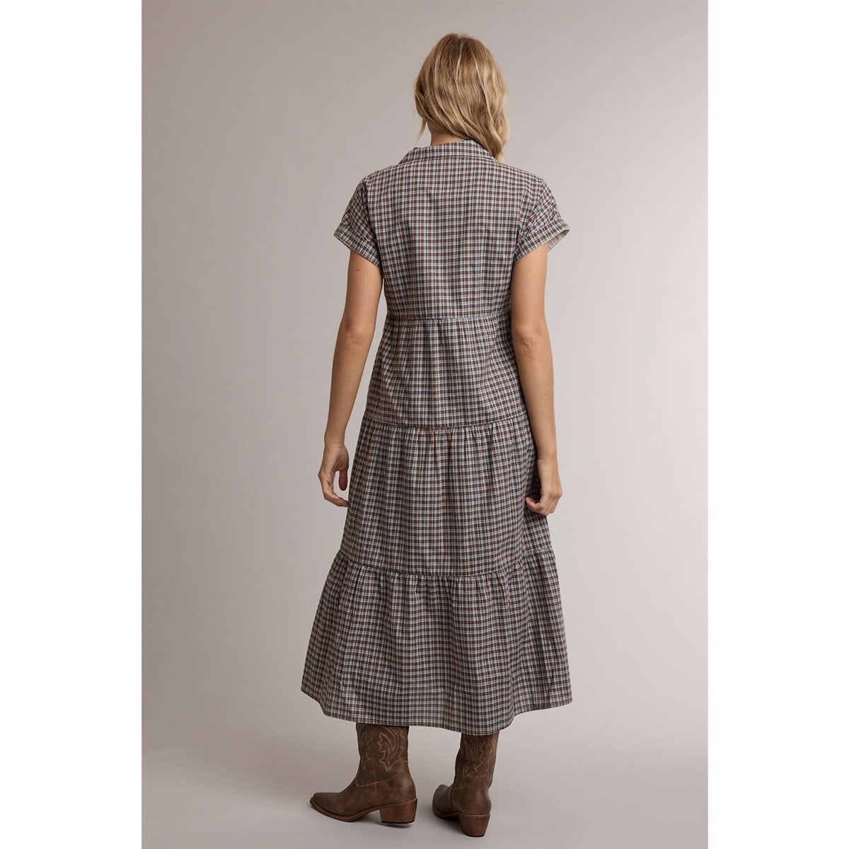 TIERED GINGHAM SHIRT MIDI DRESS WITH POCKETS