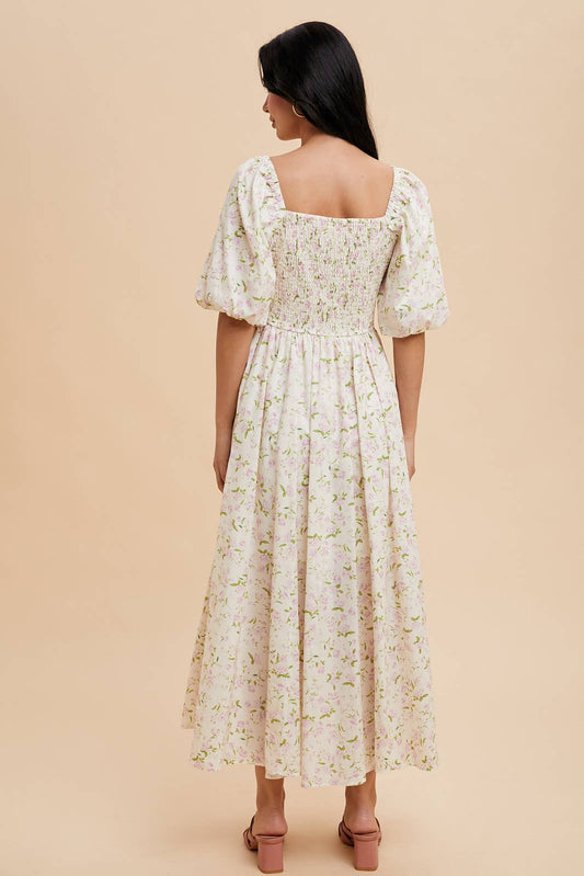 CORSET LACEUP PUFF SLEEVE DRESS: PINK PEONY