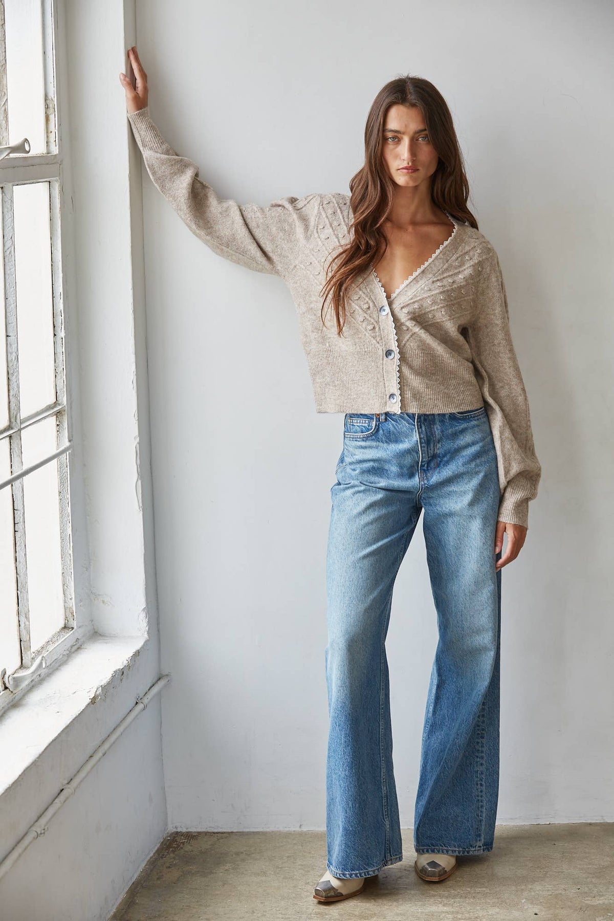 Knit Sweater Cotton Acrylic V Neck Long Sleeve Cardi