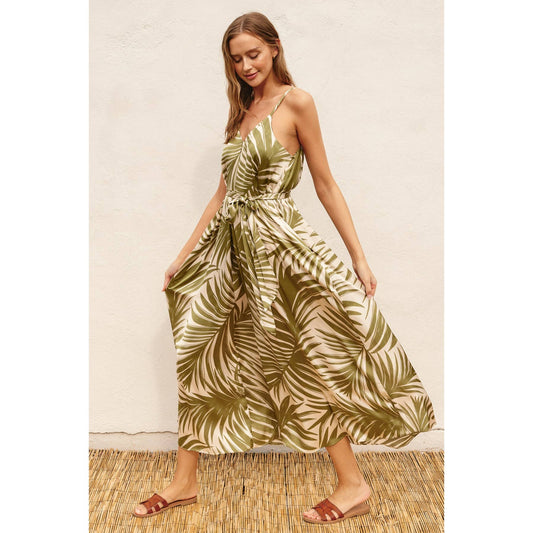 Tropical Palm Frond Flared Maxi Dress