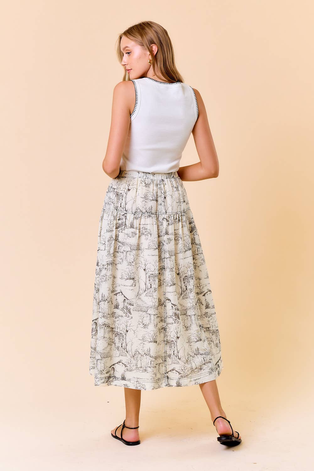 PRINTED COTTON BLEND ELASTIC WAIST MIDI SKIRT