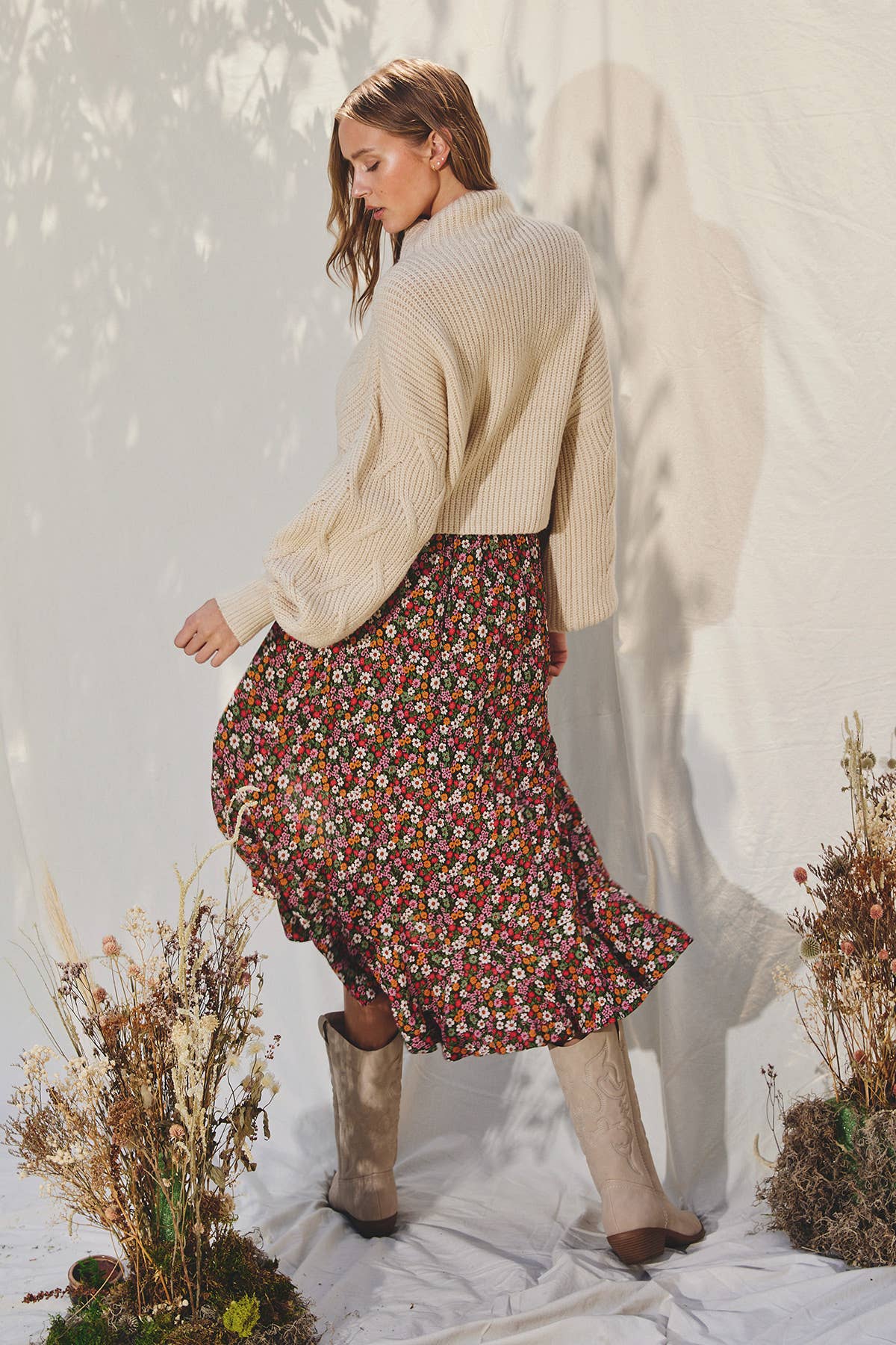 Floral High Low Ruffled Hem Skirt