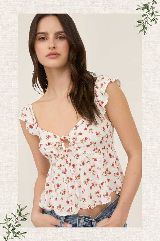 FLORAL CLIP DOT FRONT TIE WITH CUT-OUT CROP TOP
