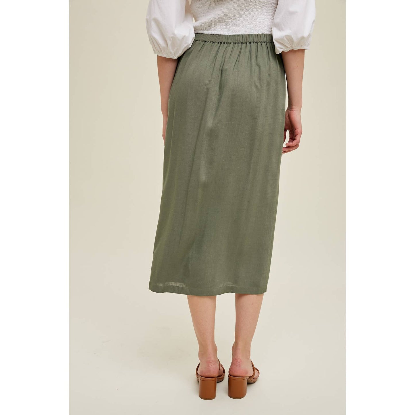 LINEN LOOK MIDI SKIRT WITH SIDE BUTTON DETAIL