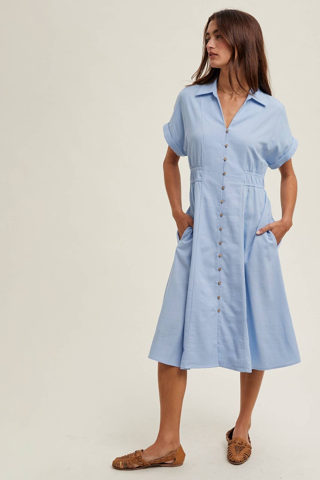 COLLARED BUTTON-UP MIDI DRESS