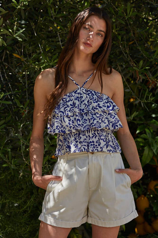 Flower Print Layered  Halter Neck Top