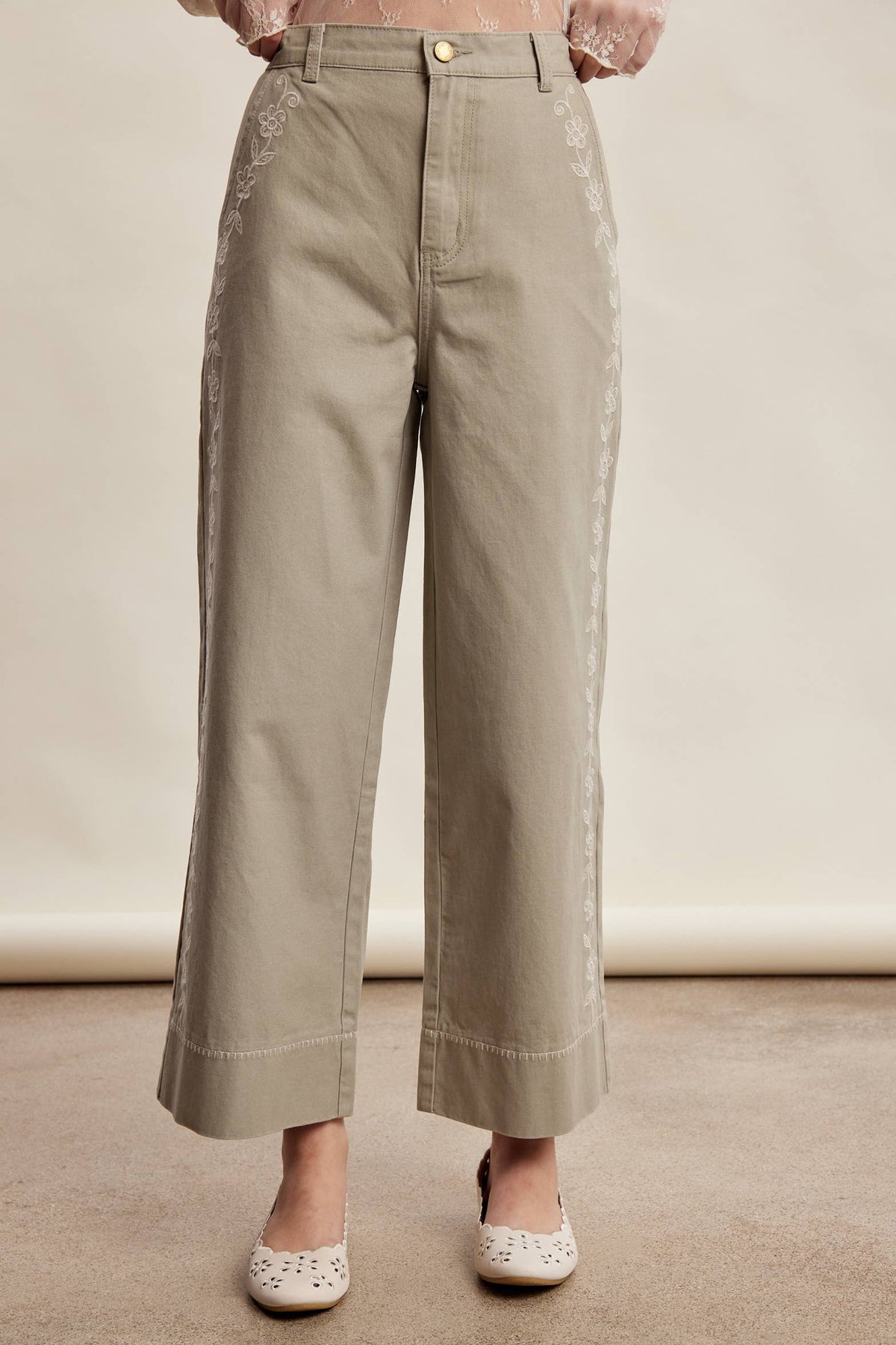 Floral Embroidered Cropped Wide-Leg Pants