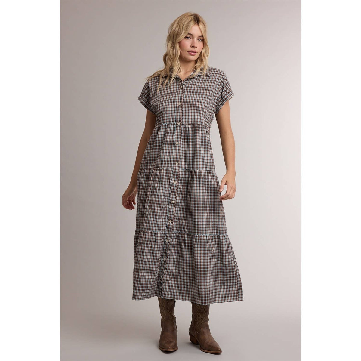 TIERED GINGHAM SHIRT MIDI DRESS WITH POCKETS