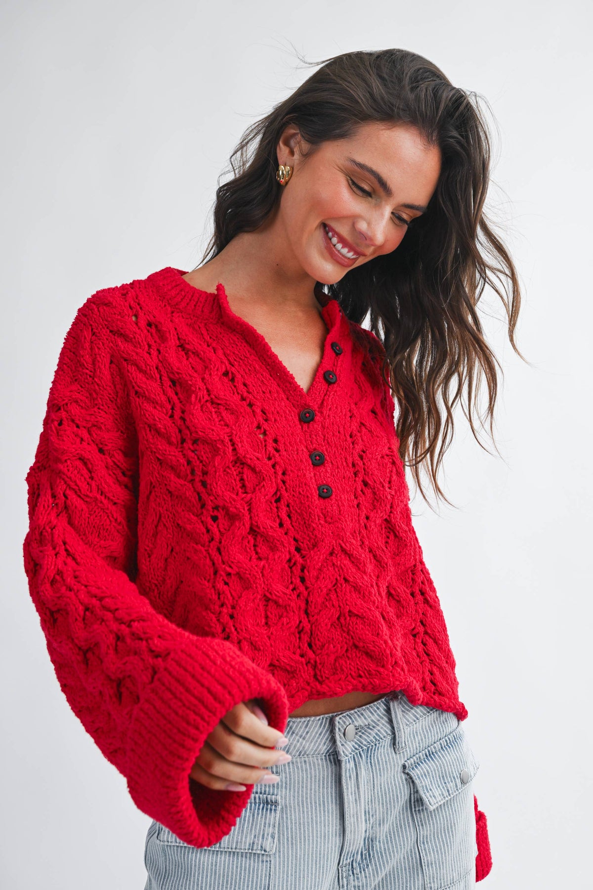 Textured Cropped Henley Knit Sweater