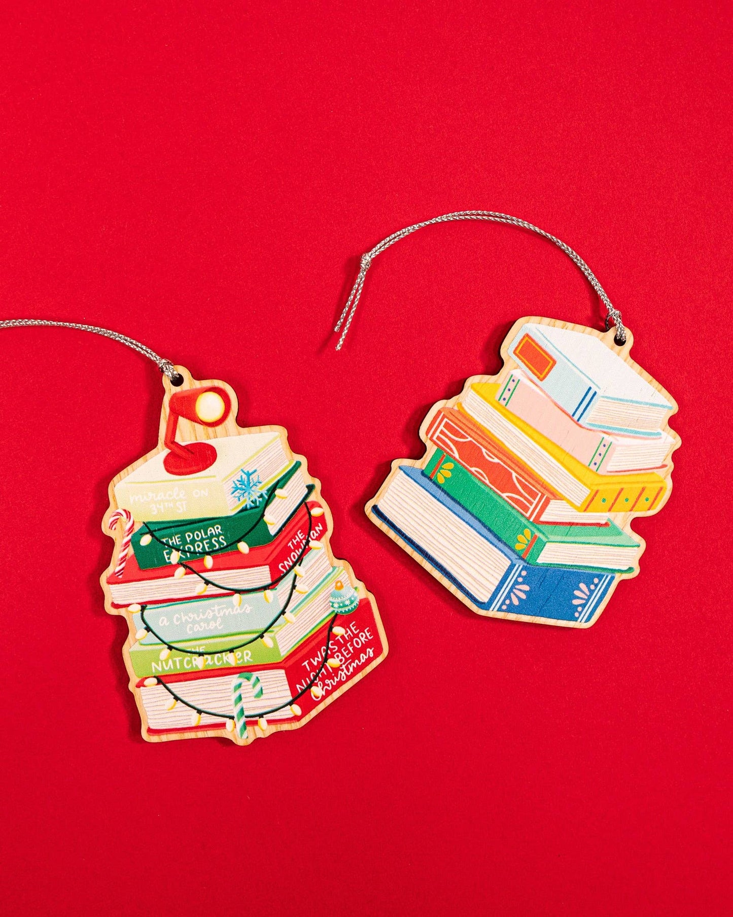 Colorful Book Stack Wood Christmas Ornament