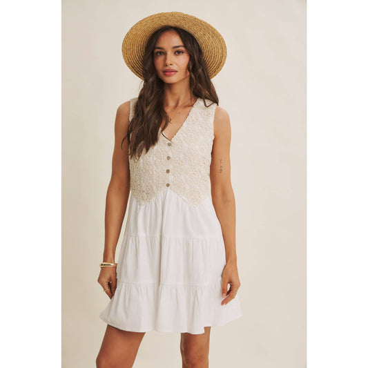 FRENCH PICNIC MIXED MEDIA COTTON CROCHET MINI DRESS